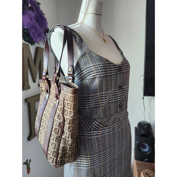 Fendi Western Zucchino Tote Shoulder Bag Brown Canvas and Leather Trim Vintage - Picture 12 of 15